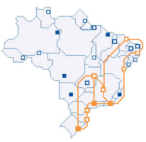 Primeira etapa da topologia prevista para a nova rede da RNP: os PoPs em laranja representam conexes gigabit, os demais, indicam conexes megabit